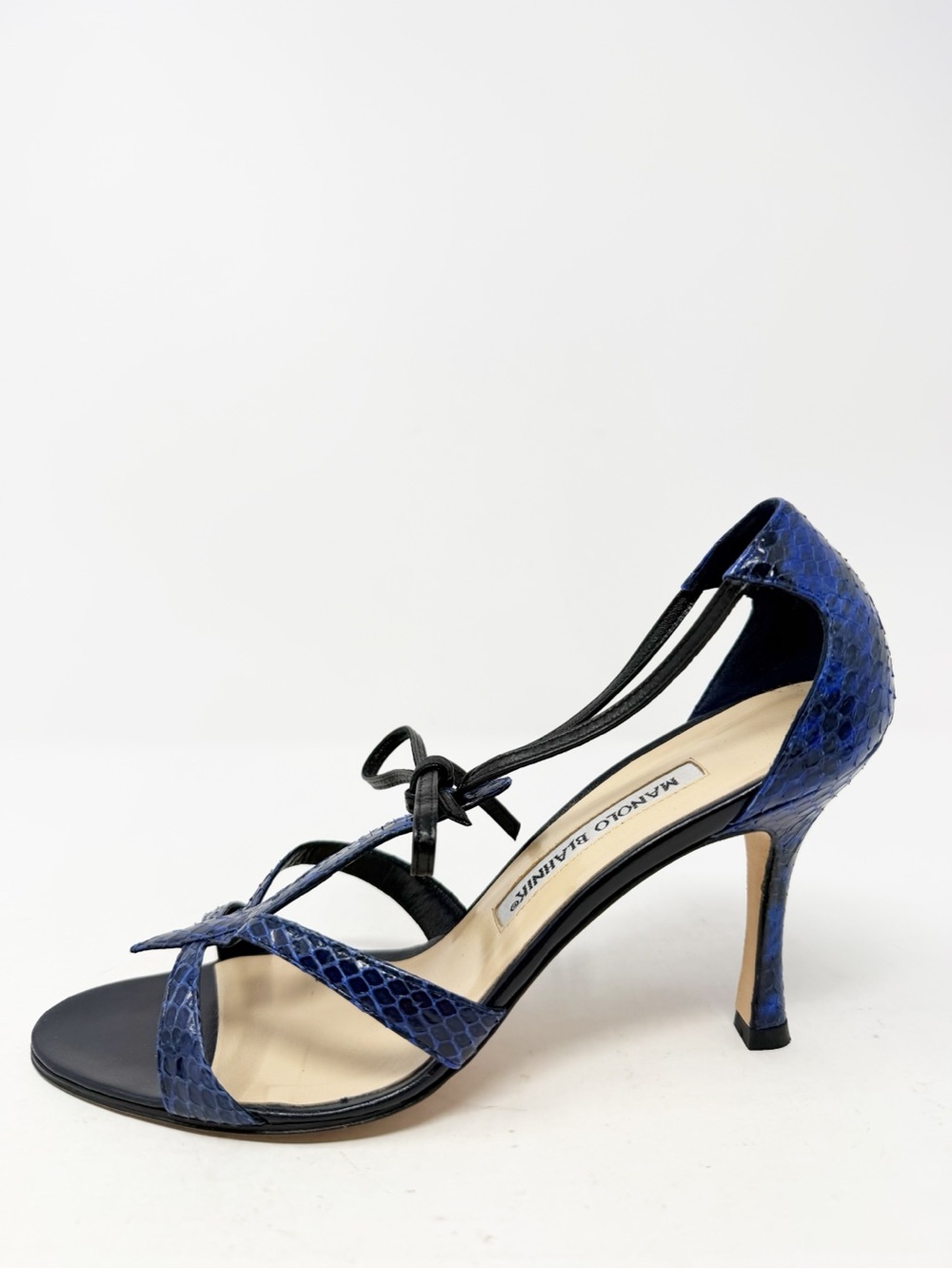 Manolo Blahnik Blue Python Strappy Tie Sandal Heels Womens Size EU 37.5 - Picture 9 of 11